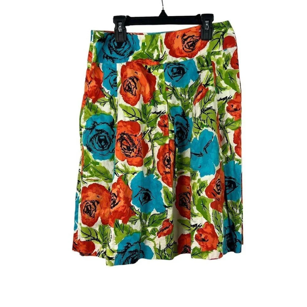 Talbots Womens Floral Skirt Midi A Line Zipper Cotton Size 4p